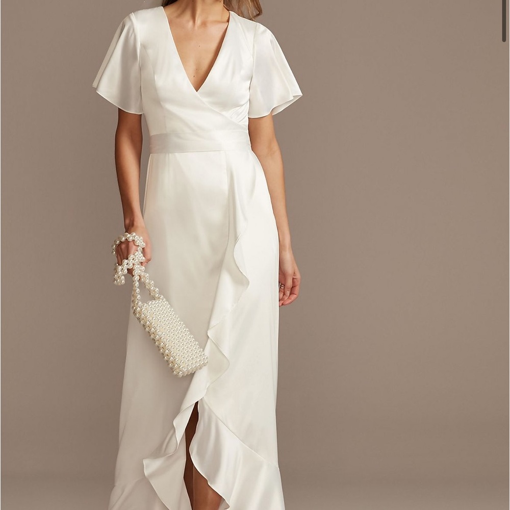 COPY - Davids Bridal DB Studio Flutter Sleeve Stretch Satin Dress with Ruffle H…